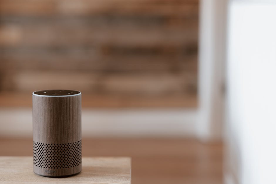 Amazon Echo smart speaker on a wooden shelf in a modern home