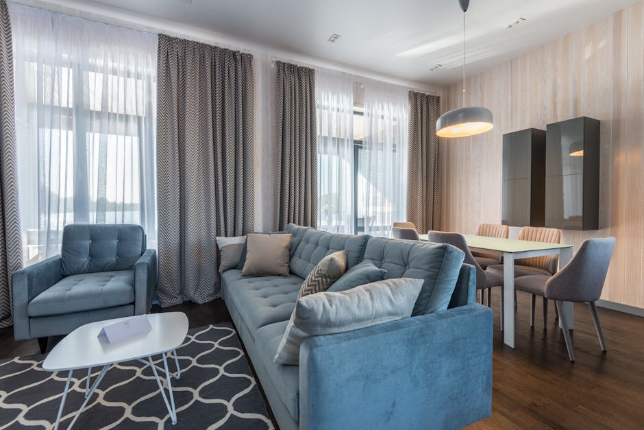 Cosy modern rental apartment living room with table lamp and plants