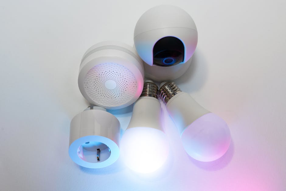Smart home hub surrounded by Matter-compatible accessories including bulbs and a security camera